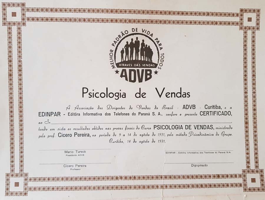 1971 - Certificado Curso Psicologia de Vendas