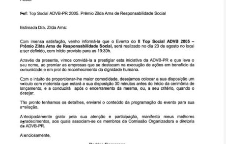 2005 - Top Social - Prêmio Zilda Arns carta convite