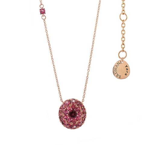Gargantilha ouro rosé pingente redondo topázios vermelho e pink