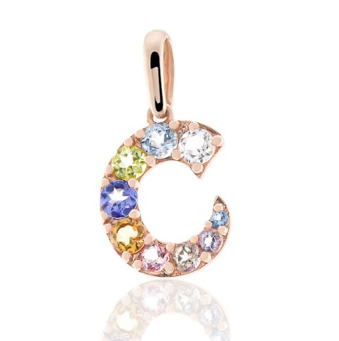 Pingente ouro rosé letra C gemas coradas