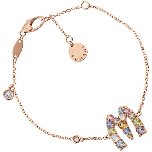 Pulseira ouro rosé letra M gemas coradas