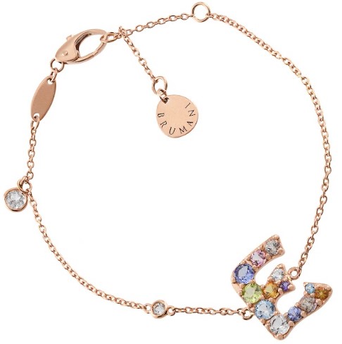 Pulseira ouro rosé letra E gemas coradas
