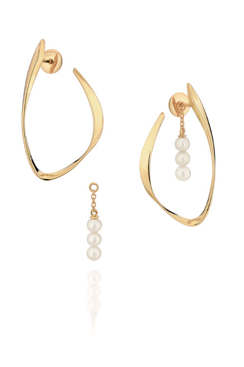 Brinco argola com pingente ouro amarelo com pérolas