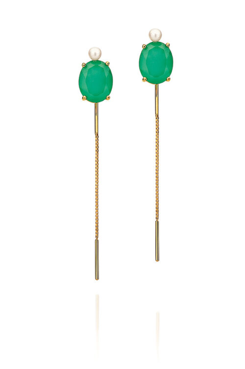 Brinco ouro amarelo, ágatas verdes e pérolas.