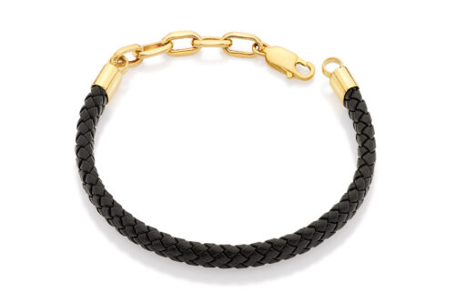 Pulseira masculina ouro amarelo e couro preto.
