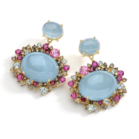 Brinco ouro amarelo, águas marinhas, rubis, turmalinas rosa, diamantes 87 pontos.