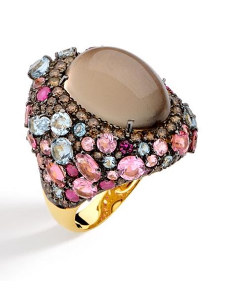 Anel Ouro Amarelo Gemas Coradas e Diamantes