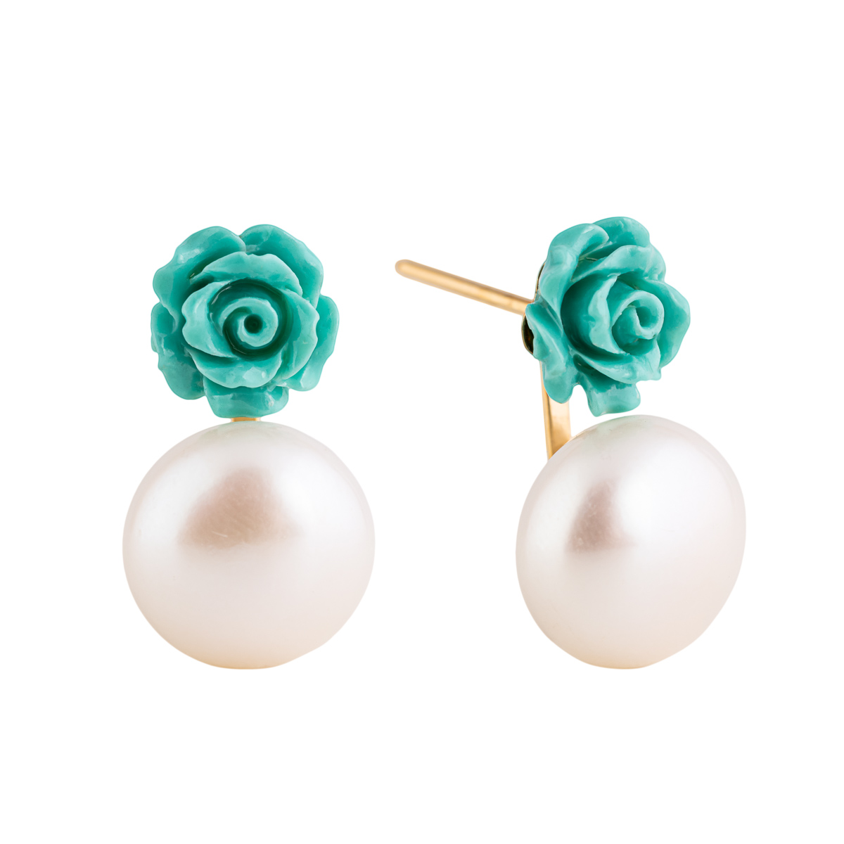 Brinco Ouro Amarelo Flor Resina Verde Pérolas Botão