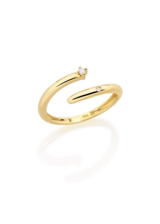 Anel ouro amarelo desencontrado detalhe diamante 2 pontos