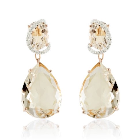 Brinco ouro rosé quartzos translúcidos e diamantes