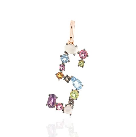 Pingente ouro rosé letra S gemas coradas