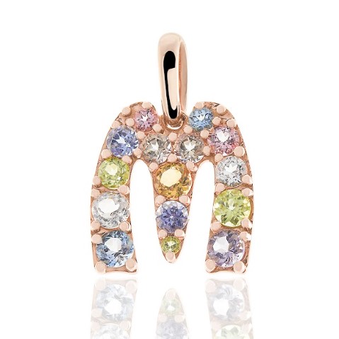 Pingente ouro rosé letra M gemas coradas