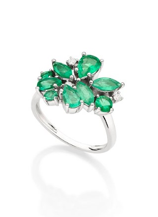 Anel ouro branco com esmeraldas e diamantes 9 pontos 