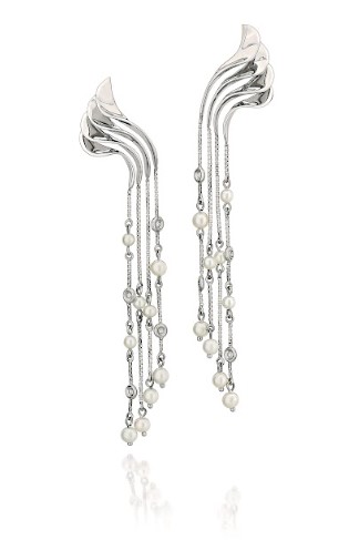 Brinco Ouro Branco Cascata Pérolas e Diamantes