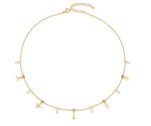 Gargantilha Ouro Amarelo elos finos, mini berloques e pérolas  