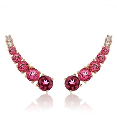 Brinco ouro rosé topáziops brancos 0,04 ct, vermelhos 0,60 ct, pink 0,89 ct e diamantes 0,02 ct