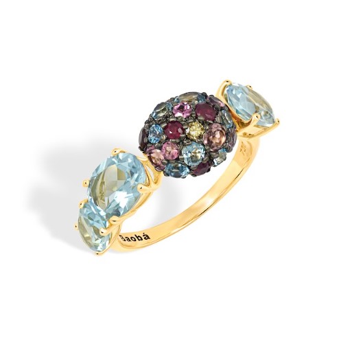 Anel ouro amarelo gemas coradas e diamantes 