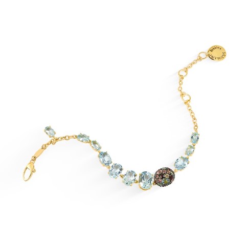 Pulseira ouro amarelo com topázios azuis e gemas coradas 