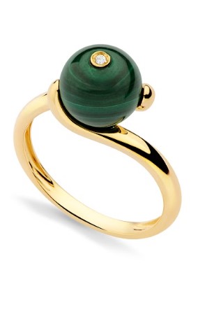 Anel ouro amarelo com malaquita e diamante 