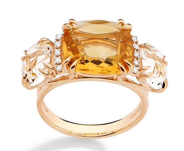 Anel ouro rosé, citrino, quartzo translúcido e diamantes