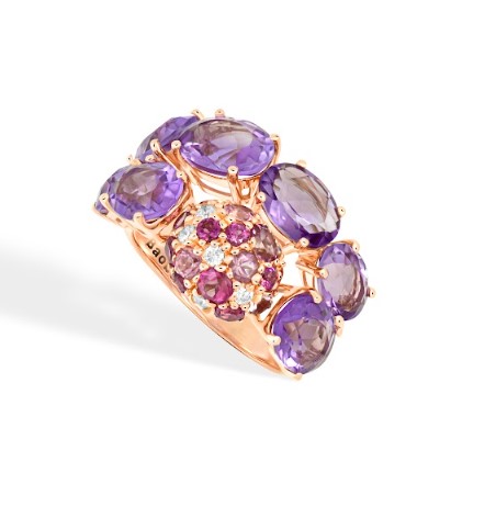 Anel ouro rosé ametistas rose de france e gemas coradas