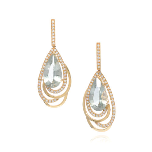 Brinco ouro amarelo com prasiolitas e diamantes 