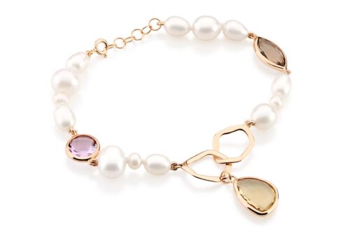 Pulseira ouro amarelo com pérolas e gemas coradas