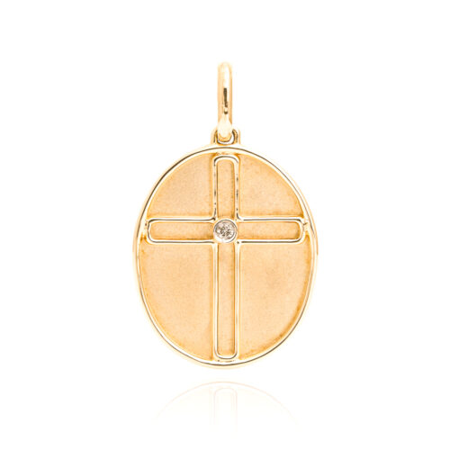 Pingente ouro amarelo oval cruz vazada 