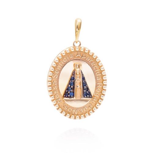 Pingente ouro amarelo Nossa Senhora Aparecida manto safiras azuis 