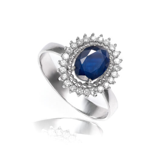 Anel Ouro Branco com Safira Azul e Diamantes