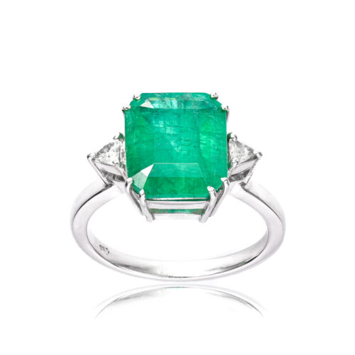 Anel Ouro branco com Esmeralda e Diamantes