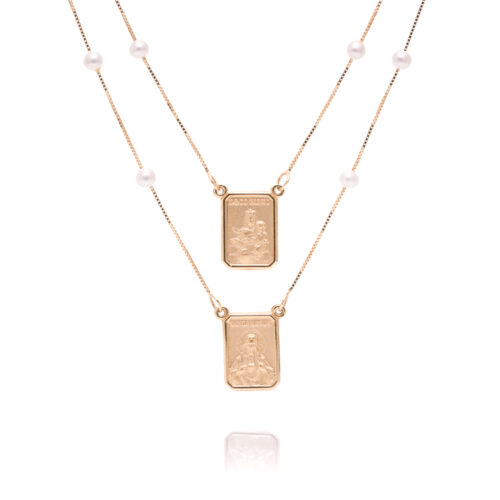 Escapulário Ouro Amarelo Veneziana com Pérolas e Pingentes Duplos  