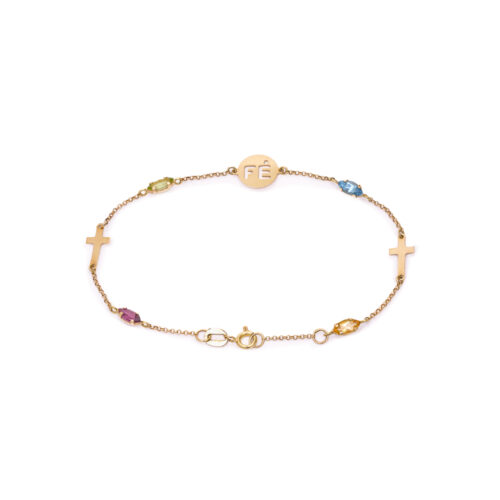 Pulseira Ouro Amarelo e Gemas Brasileiras Cruz/Fé 18 CM