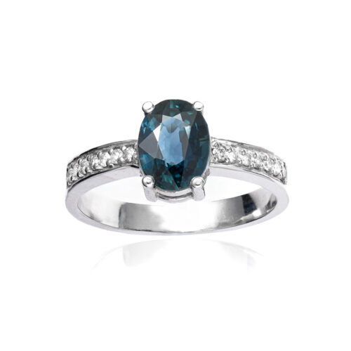 Anel Ouro Branco com Safira Azul e Diamantes