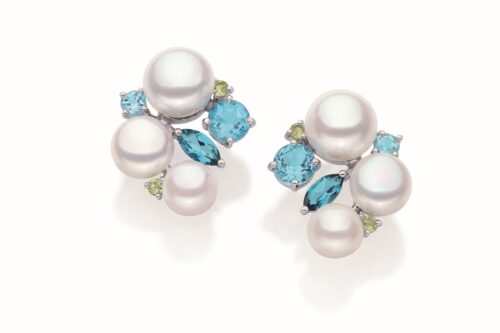 Brinco Ouro Branco com Pérolas Topázios Azuis e Peridotos