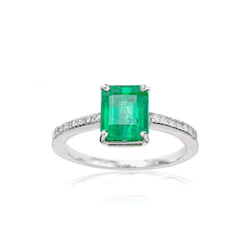 Anel Ouro Branco com Esmeralda Retangular e Diamantes