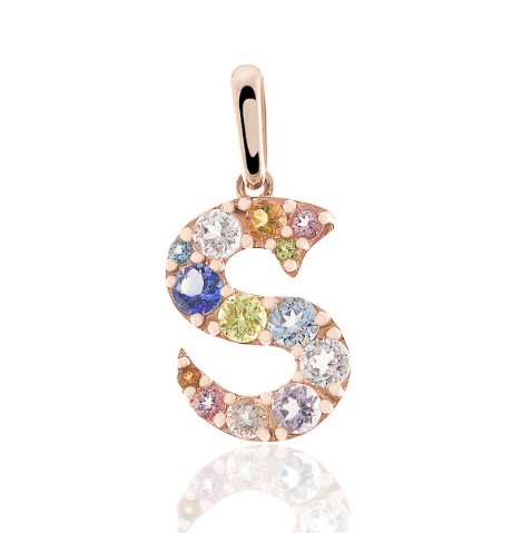 Pingente Letra S Ouro Rosé com Gemas Coradas