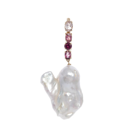 Pingente Ouro Amarelo com Pérola Barroca Palito e Gemas Coradas