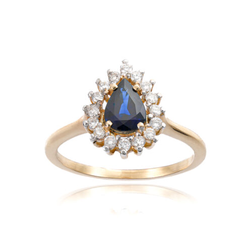 Anel Ouro Amarelo com Safira Azul Gota e Diamantes