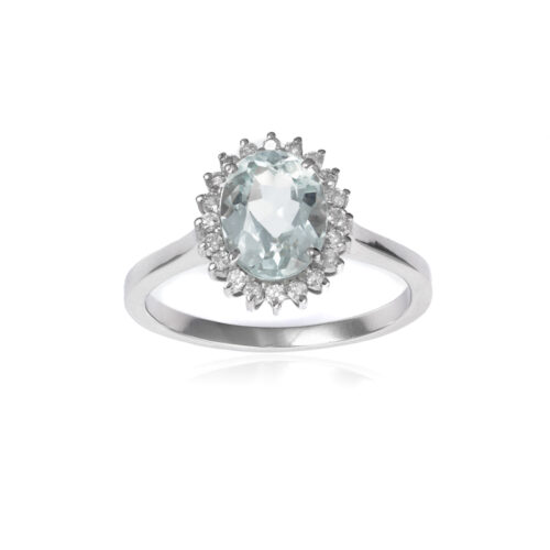 Anel Ouro Branco com Agua Marinha e Diamantes