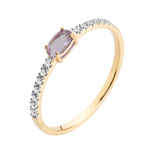 Anel Ouro Amarelo com Ametista oval e Diamantes