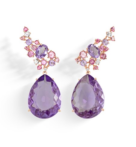 Brinco Ouro Rosé Gotas Ametistas e Gemas Coradas