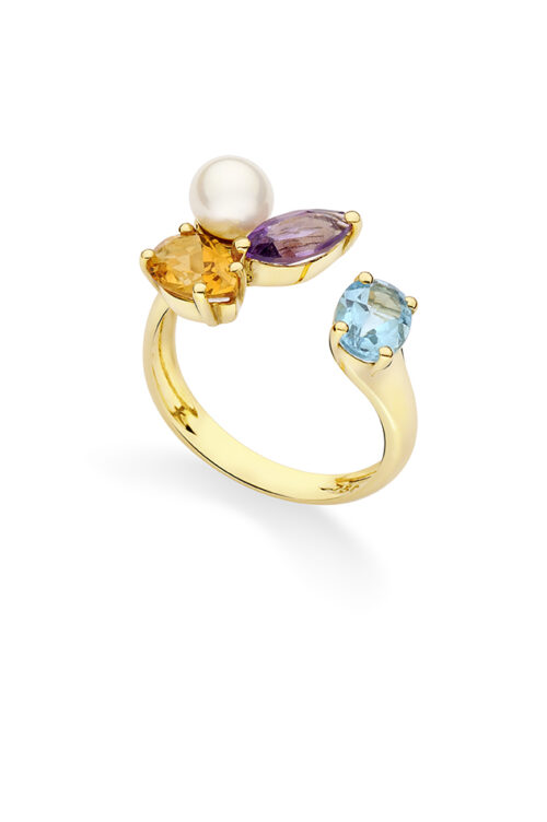 Anel Ouro Amarelo Pérola com Mix de Gemas Brasileiras