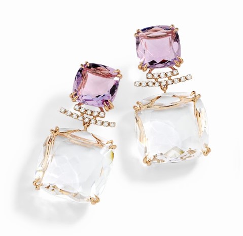 Brinco Ouro Rosé Com Ametista Quartzo e Diamantes