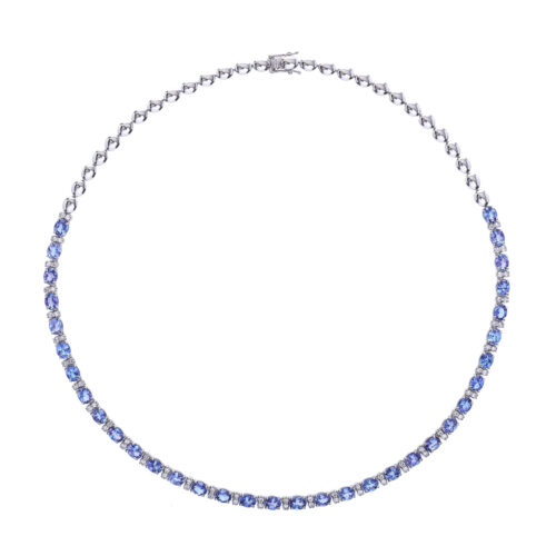 Gargantilha Ouro Branco com Tanzanitas Ovais e Diamantes 42CM