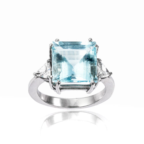 Anel Ouro Branco com Agua Marinha e Diamantes