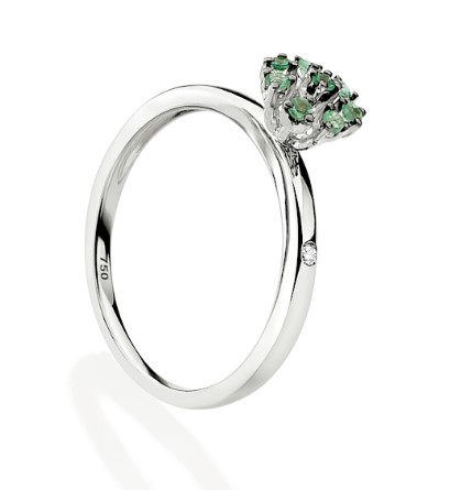 Anel Ouro Branco Chuveiro com Esmeraldas