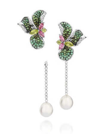 Brinco Ouro Branco Flor com Gemas Coradas e Diamantes Pingente Pérola South Sea