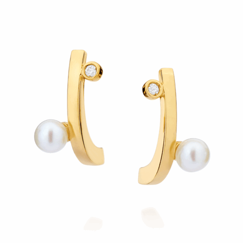 Brinco Palito em Ouro Amarelo com Pérola e Diamante