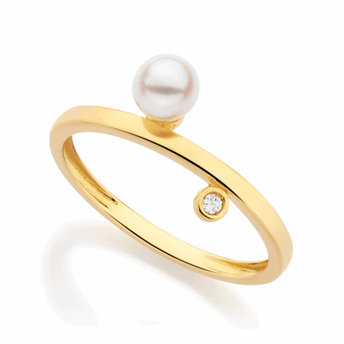 Anel Ouro Amarelo com Pérola e Diamante